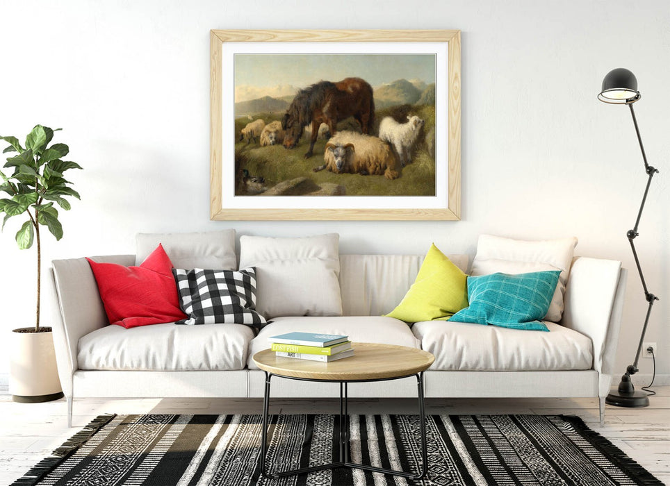 Framed Wall Art – Goats Sheep Pony Vintage Animal Print With Woodgrain Faux Frame