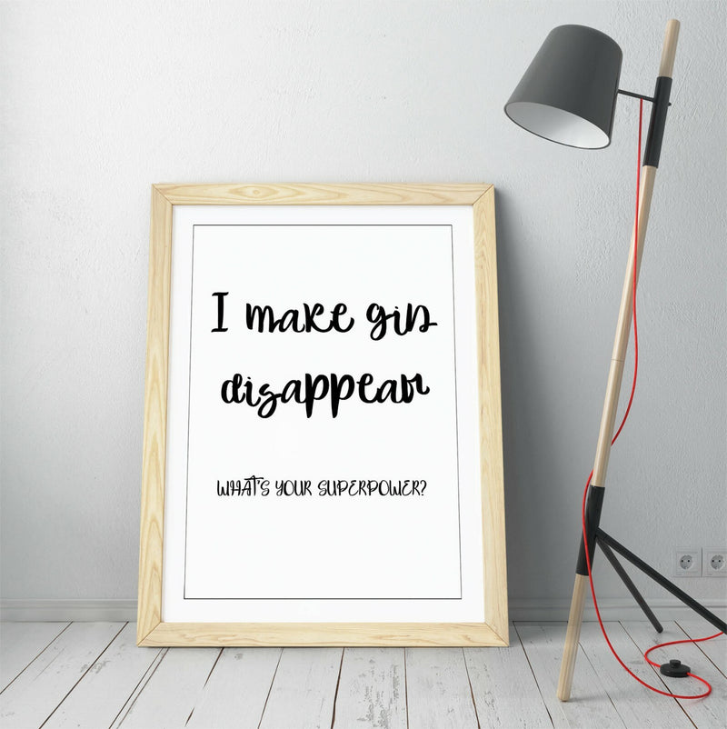 Funny Kitchen Wall Art - Framed Gin Slogan Poster With Wood Grain Frame