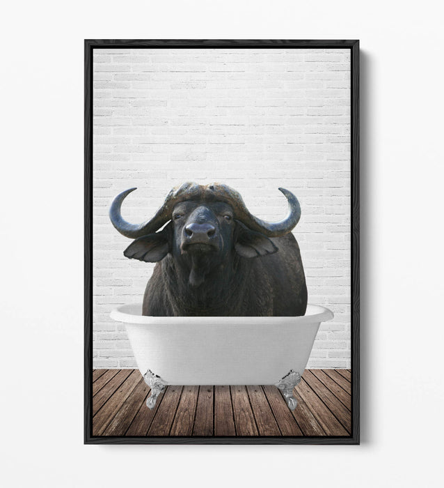 WATER BUFFALO IN BATHTUB -QUIRKY BATHROOM FLOAT EFFECT CANVAS WALL ART PRINT