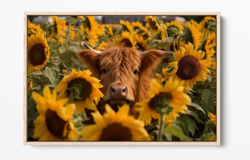 Canvas Wall Art - Highland Cow Print in Sunflower Field | Float Effect Canvas UK