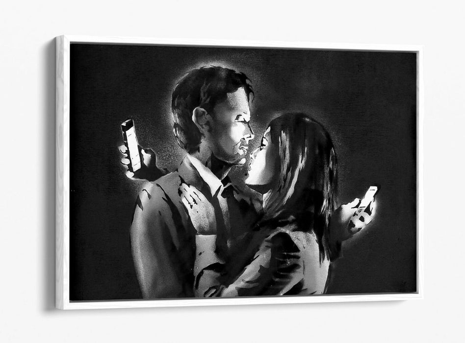 BANKSY MOBILE LOVERS FLOAT EFFECT CANVAS WALL ART PIC PRINT GRAFFITI- GREY WHITE