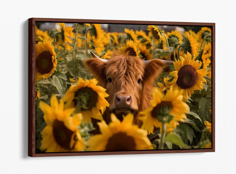 Canvas Wall Art - Highland Cow Print in Sunflower Field | Float Effect Canvas UK