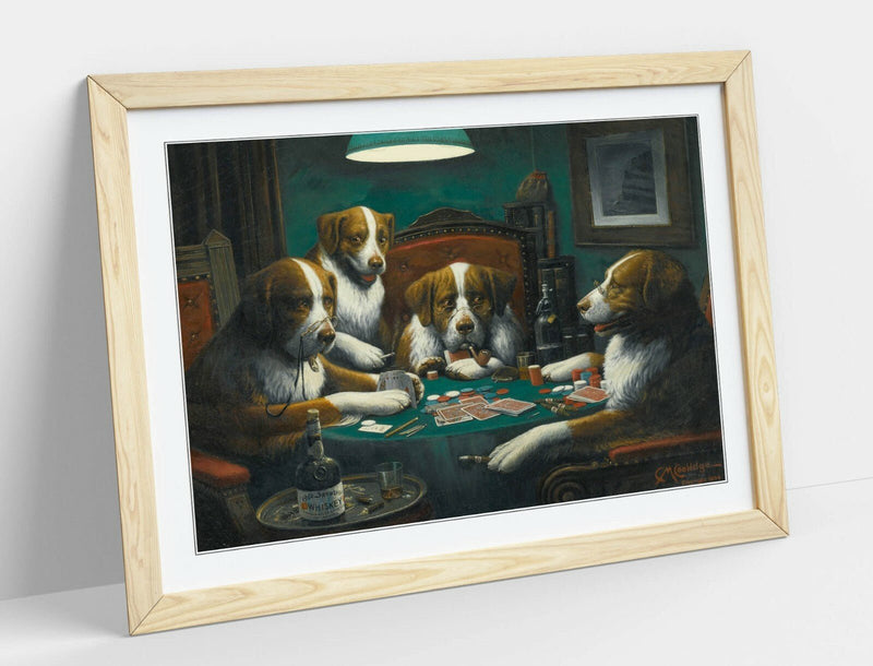 Dogs Playing Cards Art – Framed Poster Print With Wood Grain Frame & Matte Paper
