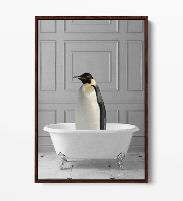 PENGUIN IN BATHTUB -QUIRKY BATHROOM FLOAT EFFECT CANVAS WALL ART PRINT