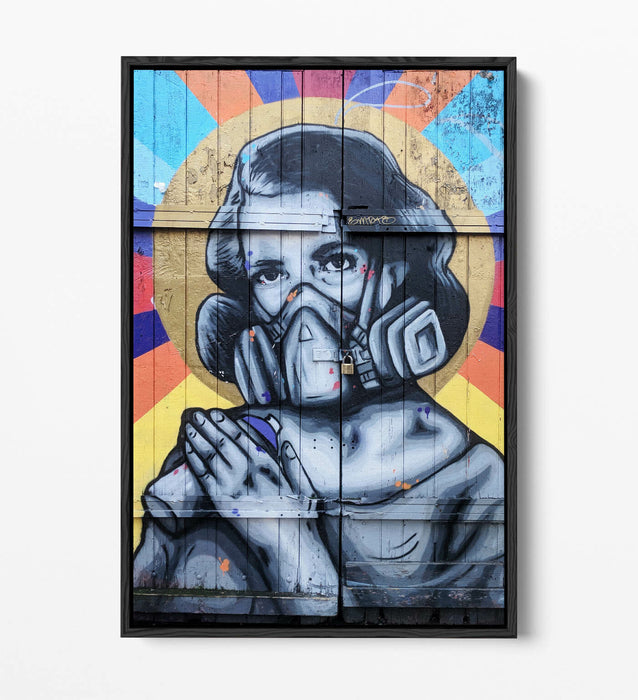 WOMAN GAS MASK EAST LONDON GRAFFITI 1 -FLOAT EFFECT CANVAS WALL ART PIC PRINT