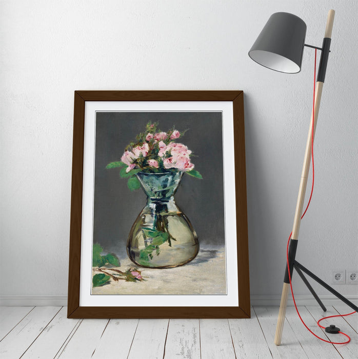 Framed Wall Art Poster - Edouard Manet Moss Roses In A Vase Print With Woodgrain Frame