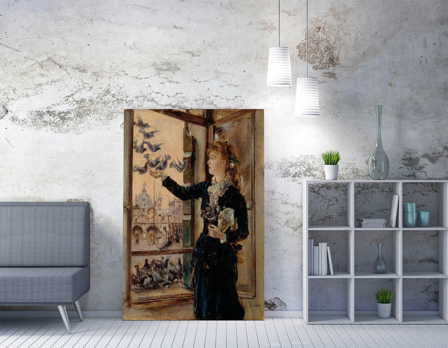 Canvas Wall Art - Anton Romako Girl Feeding Pigeons Premium Print Ready To Hang