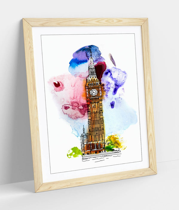 Big Ben Wall Art – London Framed Poster With Watercolour Wall Decor Print