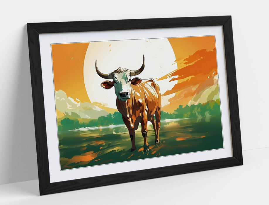 Framed Wall Art – Cow Standing In Water Orange Sunset Poster Print With Woodgrain Frame