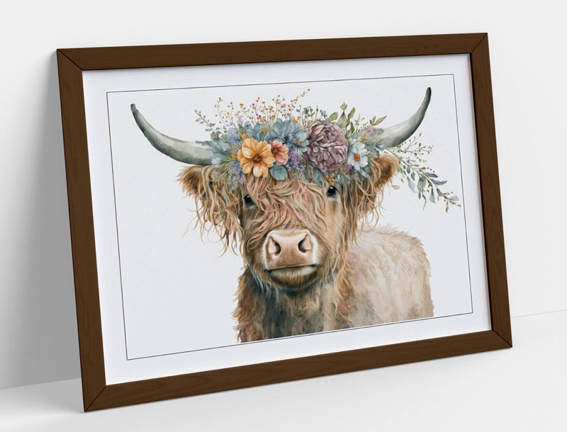 Highland Cow Wall Art – Framed Flower Crown Poster | Rustic Home Decor UK Handmade