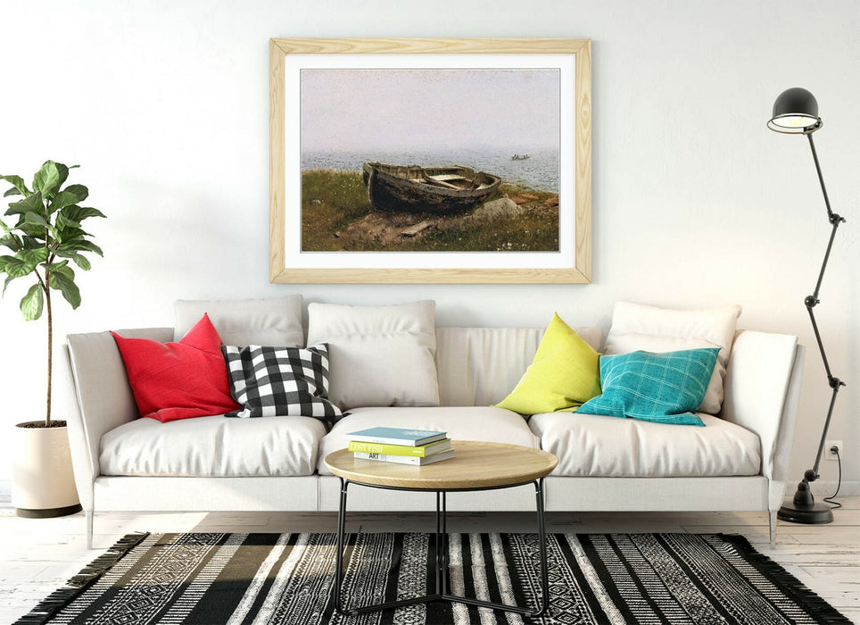 Framed Wall Art - Abandoned Boat Poster Print With Woodgrain Frame Finish