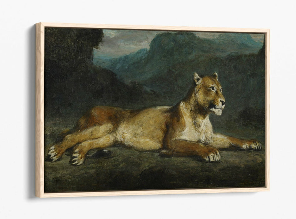 EUGENE DELACROIX, LIONESS RECLINING -FLOAT EFFECT CANVAS ART PRINT
