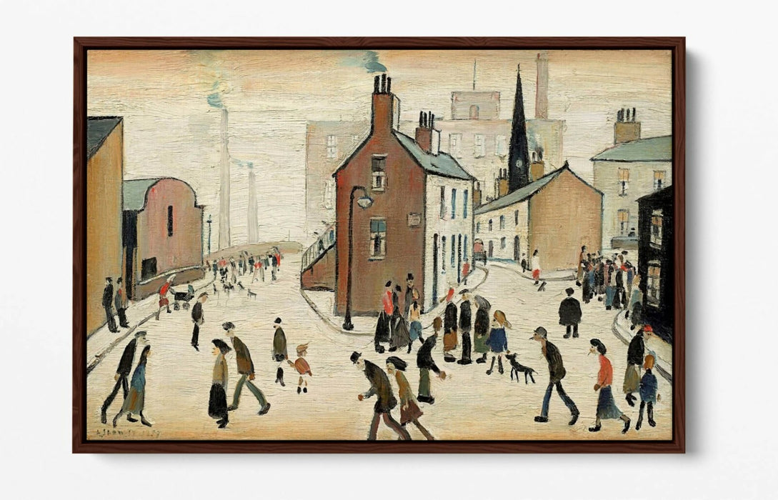 LS LOWRY STREET SCENE -FLOAT EFFECT CANVAS WALL ART PIC PRINT- BEIGE