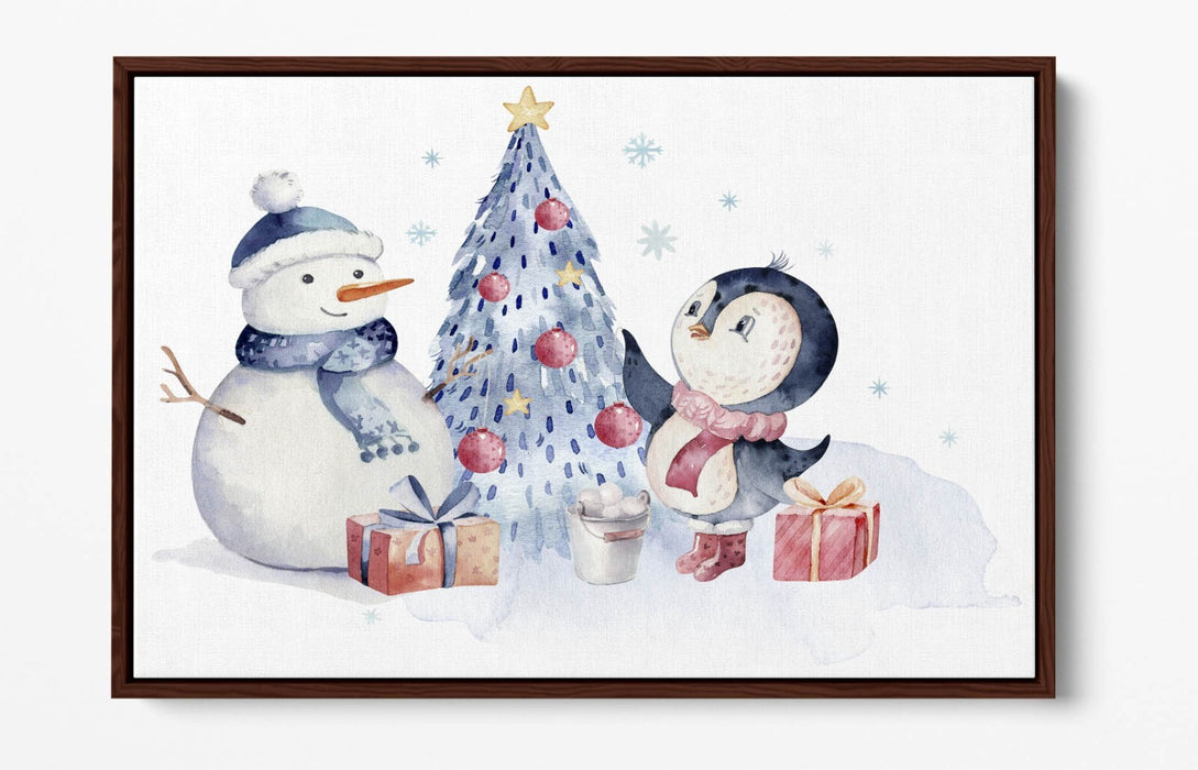 Christmas Canvas Wall Art – Watercolour Penguin & Snowman Float Effect Print