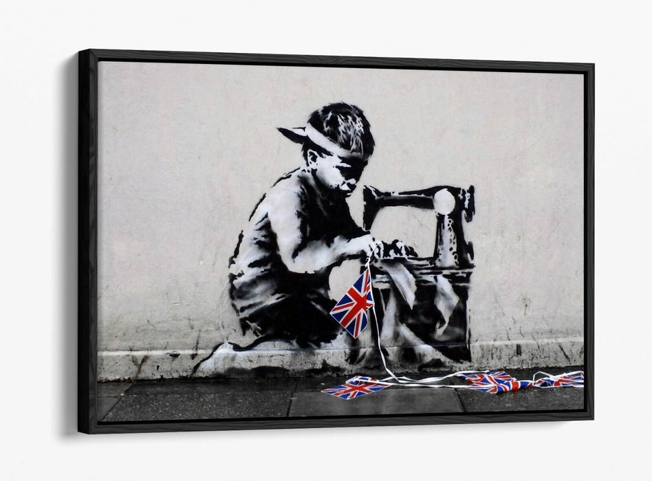 BANKSY SLAVE LABOUR -FLOAT EFFECT CANVAS WALL ART PIC PRINT- BLACK & WHITE