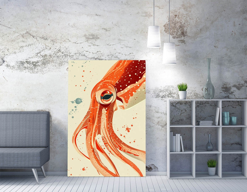 Orange Squid Canvas - Vibrant Marine Animal Art | Handmade Canvas Print