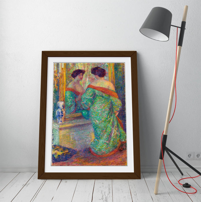 Framed Wall Art Poster – 'Lady Reflected in Mirror by Carl Newman' Print with Wood Grain Frame | UK Handmade