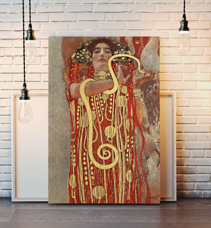 Canvas Wall Art Featuring Gustav Klimt Hygieia Goddess | Framed Canvas Print with Woodgrain Frame Finish