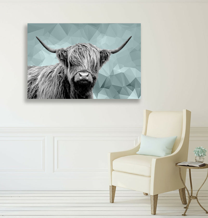 Canvas Wall Art Print - Duck Egg Blue Geometric Animal Art With Highland Cow & Giraffe
