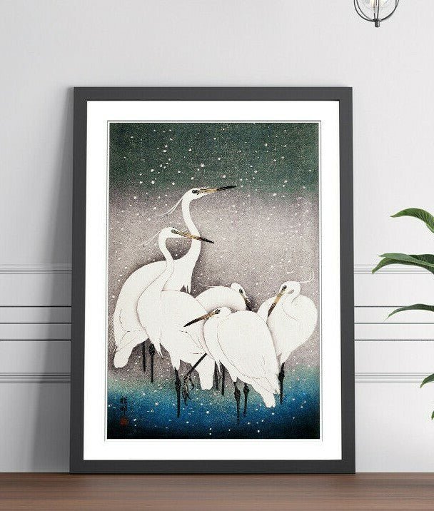 Oriental Framed Wall Art – Japanese Crane Poster with Woodgrain Frame Design