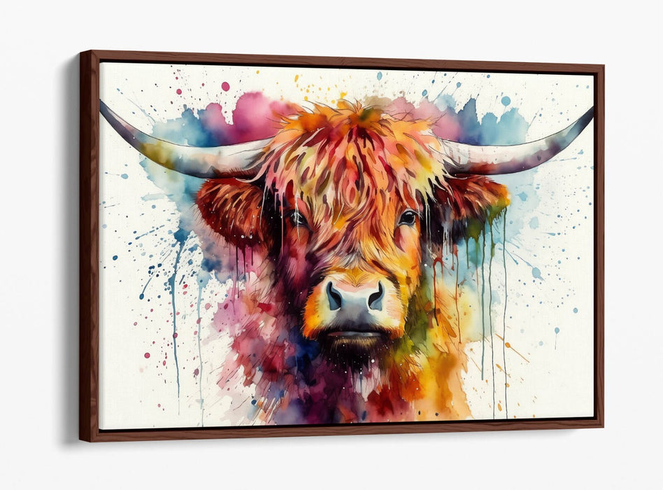 Highland Cow Canvas - Watercolour Animal Print With Float Effect Frame