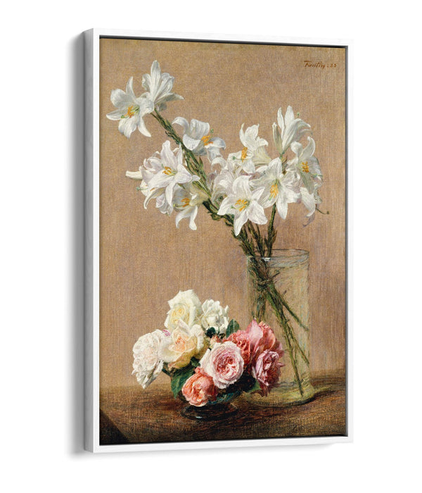 Float Effect Canvas Art - Henri Fantin-Latour Roses And Lilies Print On Premium Frame