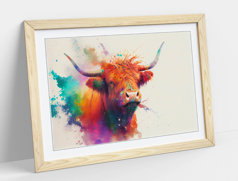 Highland Cow Art - Framed Wall Art With Colorful Watercolour Animal Print