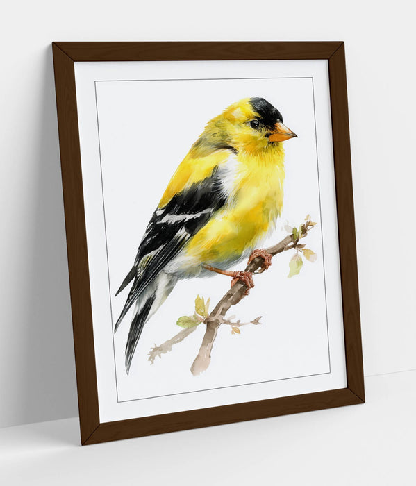 Goldfinch Wall Art - Framed Watercolor Bird Print on Matte Paper with Faux Wood Frame