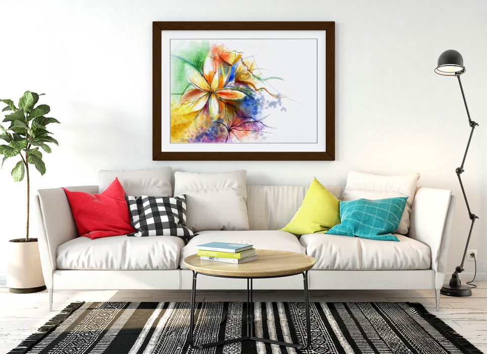 Framed Wall Art - Flower Multi Colour Splash Abstract Poster Print With Woodgrain Frame