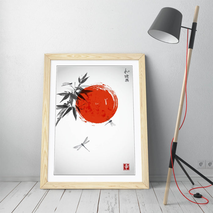 Japanese Style Wall Art - Bamboo Dragonflies Framed Poster Print | Handmade Matte Paper