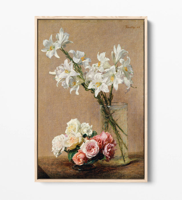 Float Effect Canvas Art - Henri Fantin-Latour Roses And Lilies Print On Premium Frame