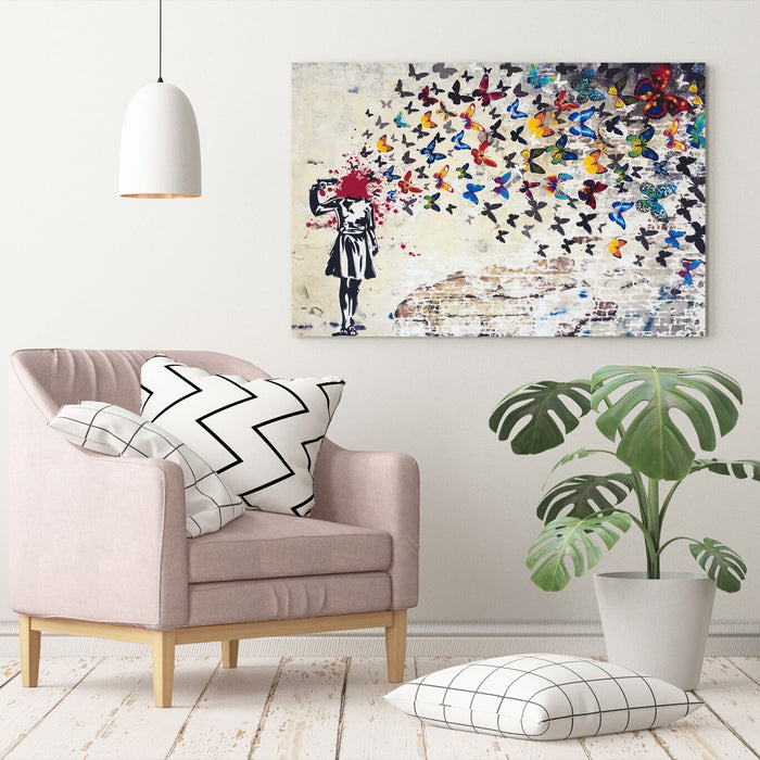 CANVAS WALL ART PRINT BANKSY BUTTERFLY BRAINS GIRL GRAFFITI 30MM DEEP FRAMED