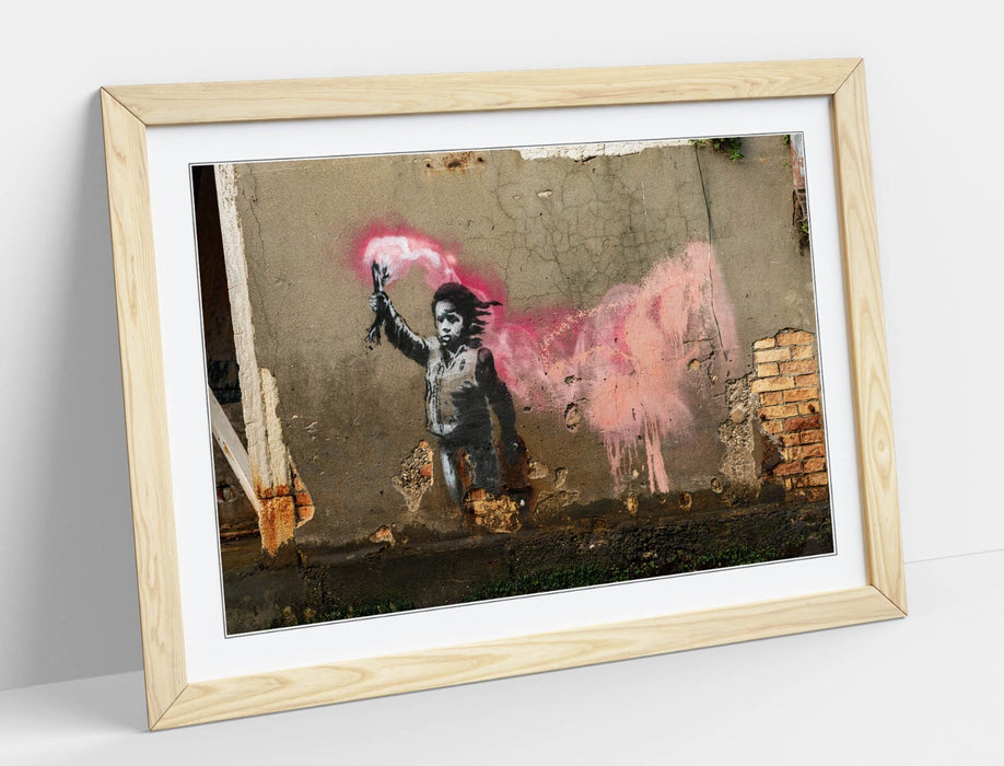 Banksy Wall Art – Handmade UK Framed Graffiti Poster Print With Woodgrain Frame