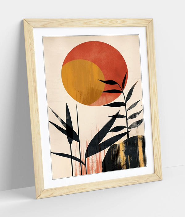Boho Minimalist Wall Art – Framed Sun And Plants Poster | Handmade UK Decor