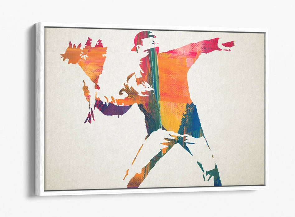 BANKSY, FLOWER THROWER RAINBOW PAINT -FLOAT EFFECT CANVAS WALL ART PRINT