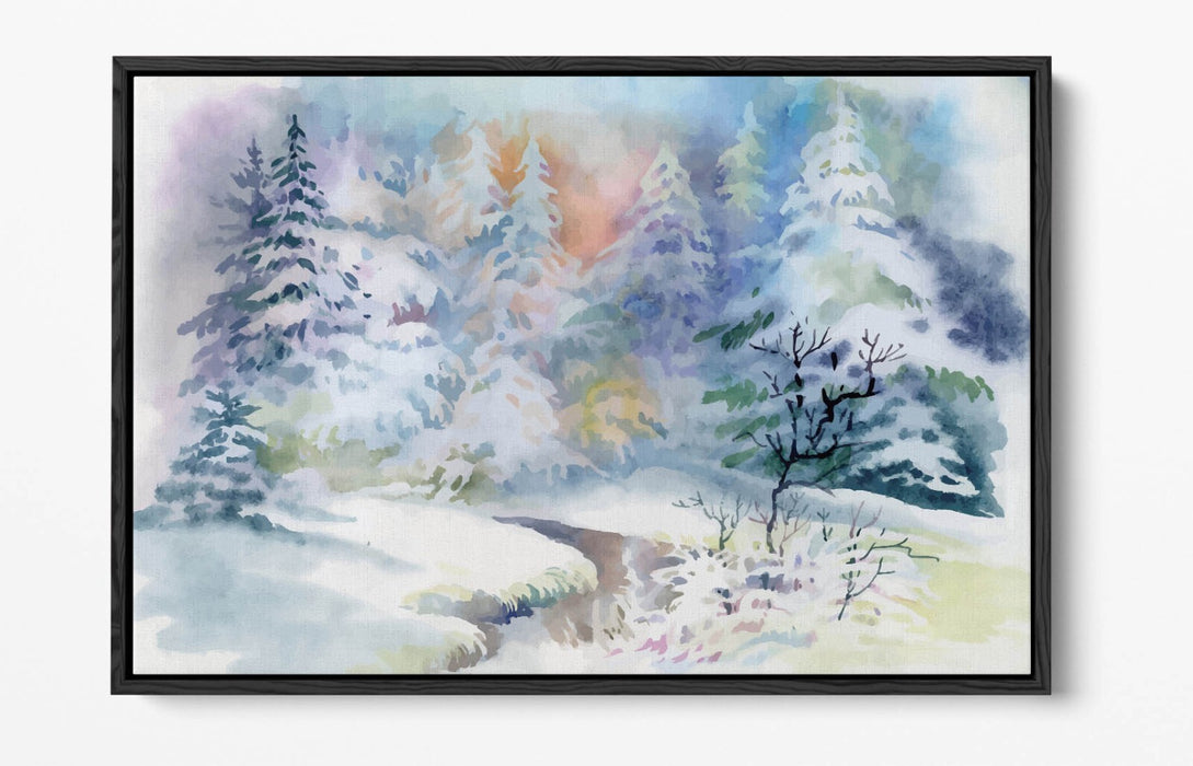 Canvas Wall Art Print – Watercolour Forest Winter Illustration With Float Effect Frame