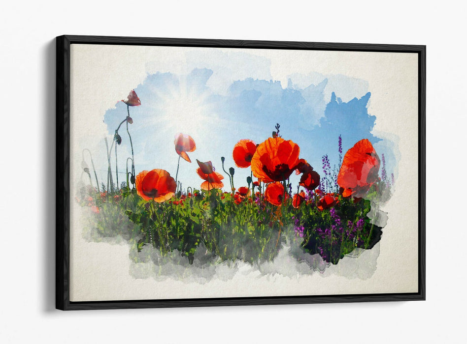 Float Effect Canvas Art - Poppy Field Landscape Watercolour Print On 30mm Deep Frame