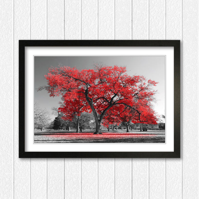 Framed Wall Art - Large Tree Red Leaves Poster With Natural Wood Frame