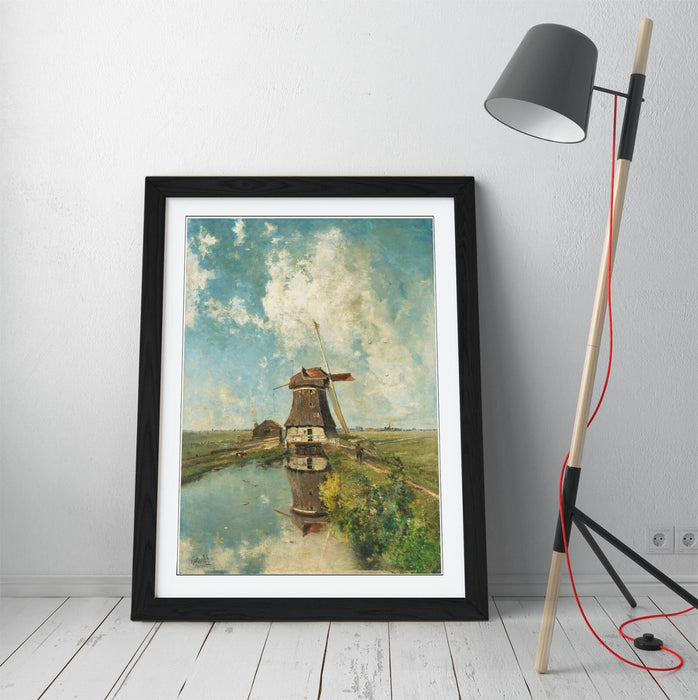 Framed Art Poster - Paul Gabriel Windmill On Polder Waterway, Matte Paper Print