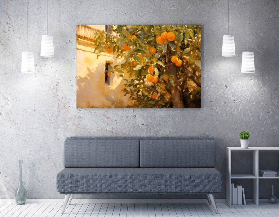 Impressionist Canvas Art – Orange Tree Painting With Sunlight | Handmade Wall Decor