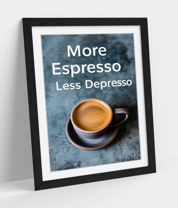 Espresso Wall Art – Framed Cafe Poster With Funny Coffee Quote & Woodgrain Frame