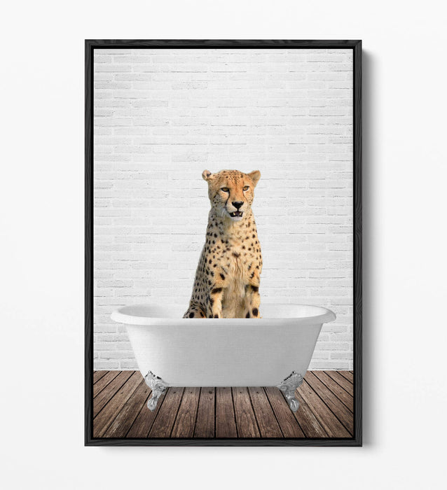 CHEETAH IN BATHTUB -QUIRKY BATHROOM FLOAT EFFECT CANVAS WALL ART PIC PRINT