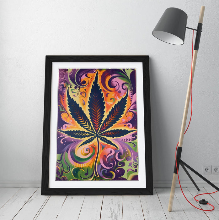 Weed Leaf Wall Art - Funky Multi Colour Framed Poster | Contemporary Decor