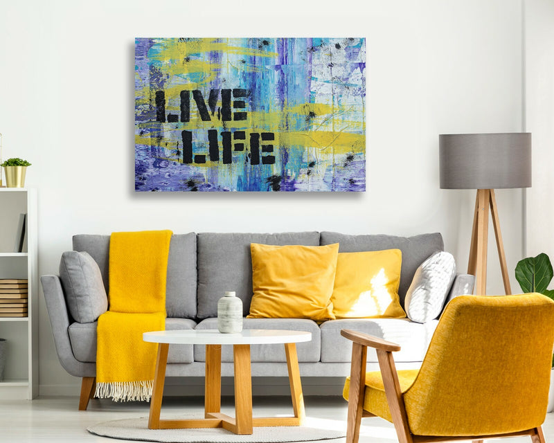 Graffiti Canvas Wall Art – Live Life Quote Blue Yellow Urban Decor Print