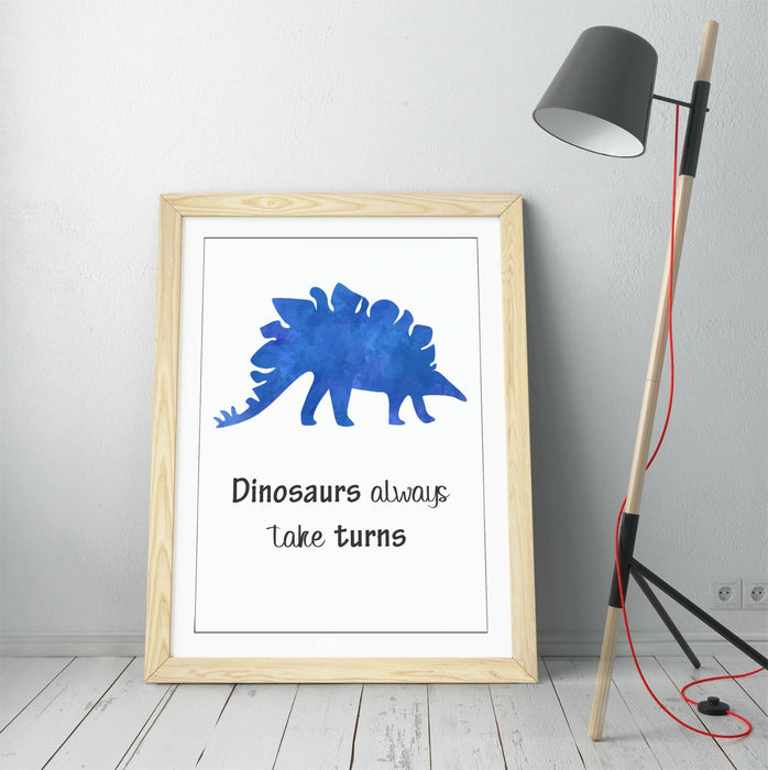 "DINOSAURS ALWAYS TAKE TURNS" WATERCOLOUR NURSERY -FRAMED WALL ART PICTURE PRINT
