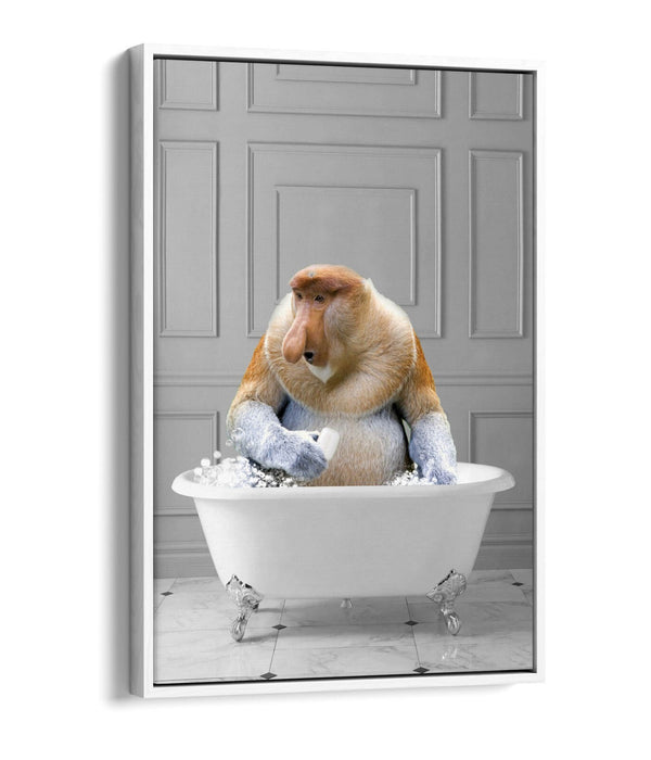 PROBISCUS MONKEY IN BATH -QUIRKY BATHROOM FLOAT EFFECT CANVAS WALL ART PRINT