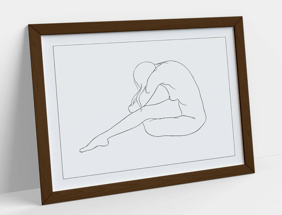 Nude Woman Line Art - Framed Wall Art Blue Line Drawing with Woodgrain Frame Design