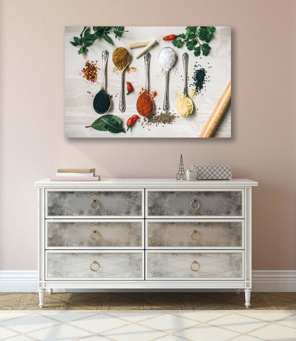Kitchen Canvas Wall Art – Handmade Kitchen Decor with Herbs, Spices & Spoons Print