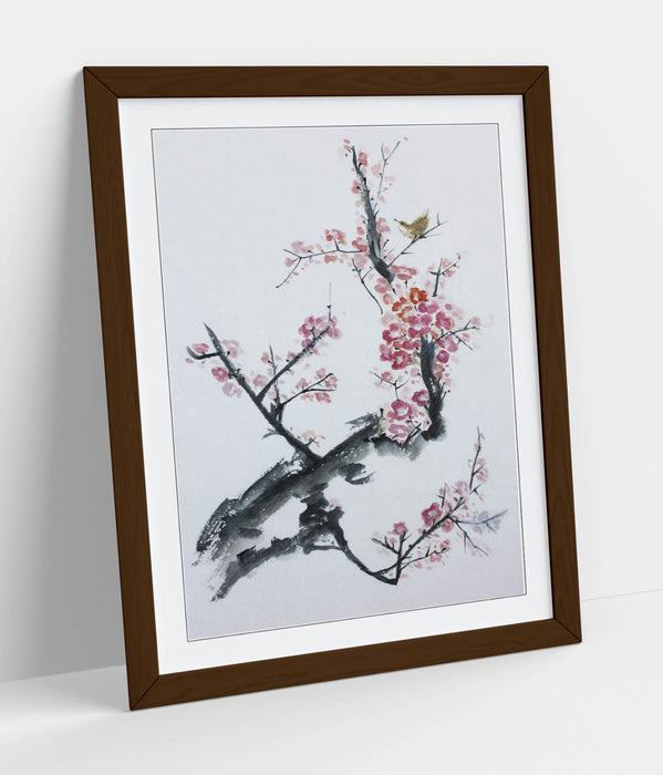 Framed Wall Art - Asian Tree Blossom Print With Woodgrain Frame Design