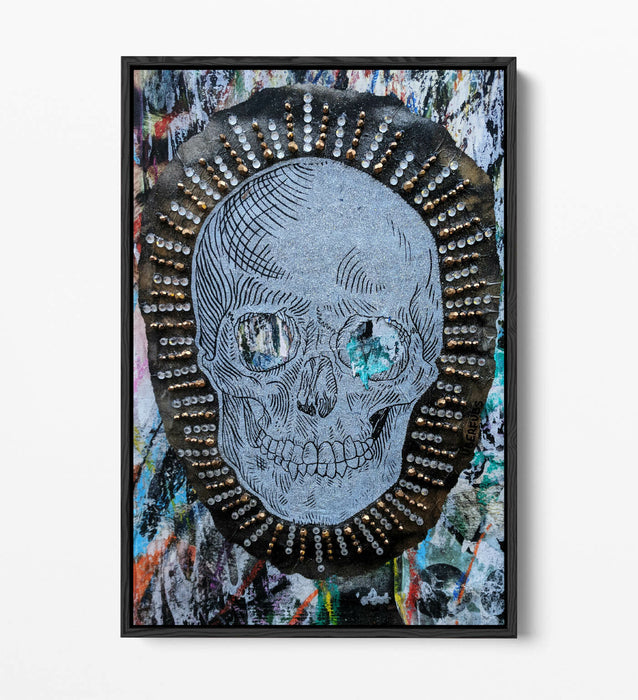 SKULL EAST LONDON GRAFFITI -FLOAT EFFECT CANVAS WALL ART PIC PRINT- BLUE GREY